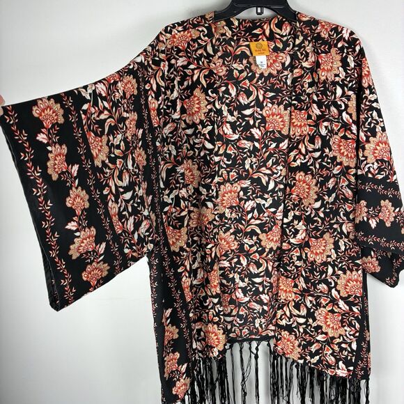 Women Fringe Kimono Open Front Cardigan 3X Plus Orange Black Boho Lagenlook - Picture 2 of 6
